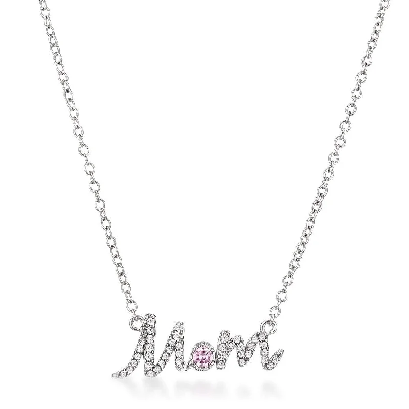 Round pendant necklaces-Sparkling "Mom" Script Necklace - 16 Inch x 1 Inch