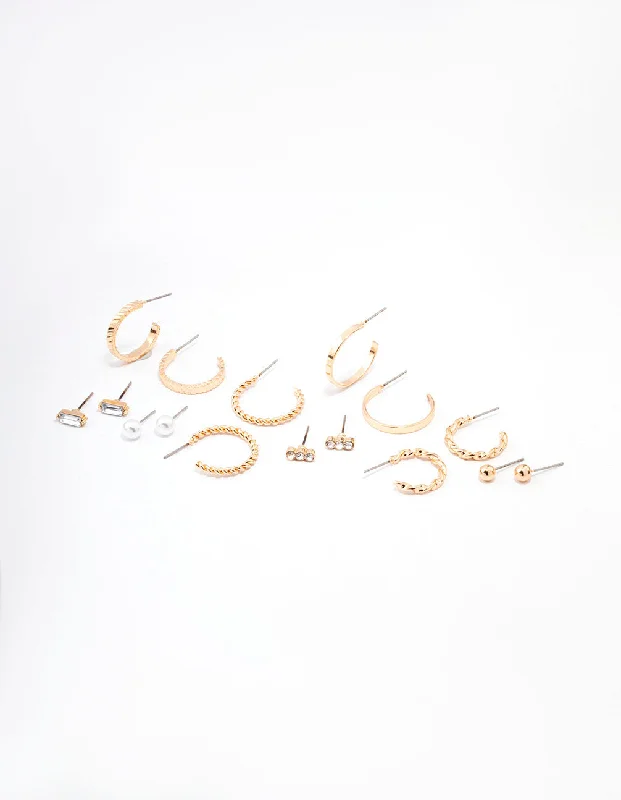 Vibrant enamel earrings-Gold Diamante & Pearl Hoop Earring 8-Pack