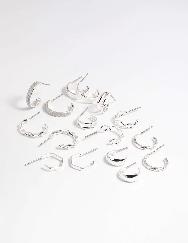 Fluid art earrings-Silver Textured Glitter Hoop Earring 8-Pack