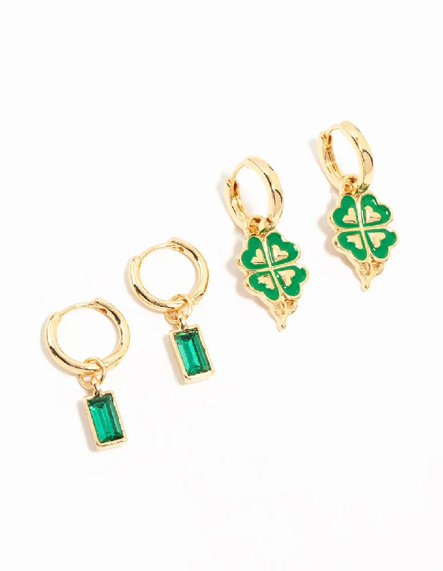 Ruby stone earrings-Gold Plated Shamrock & Green Diamante Huggie Earrings 2-Pack