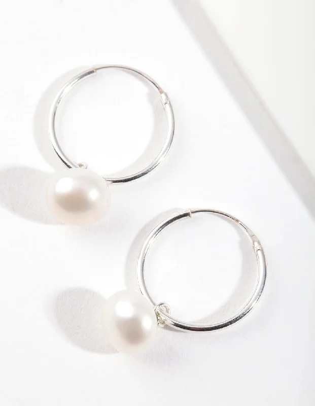 Surf motif earrings-Sterling Silver Freshwater Pearl Hoop Earrings