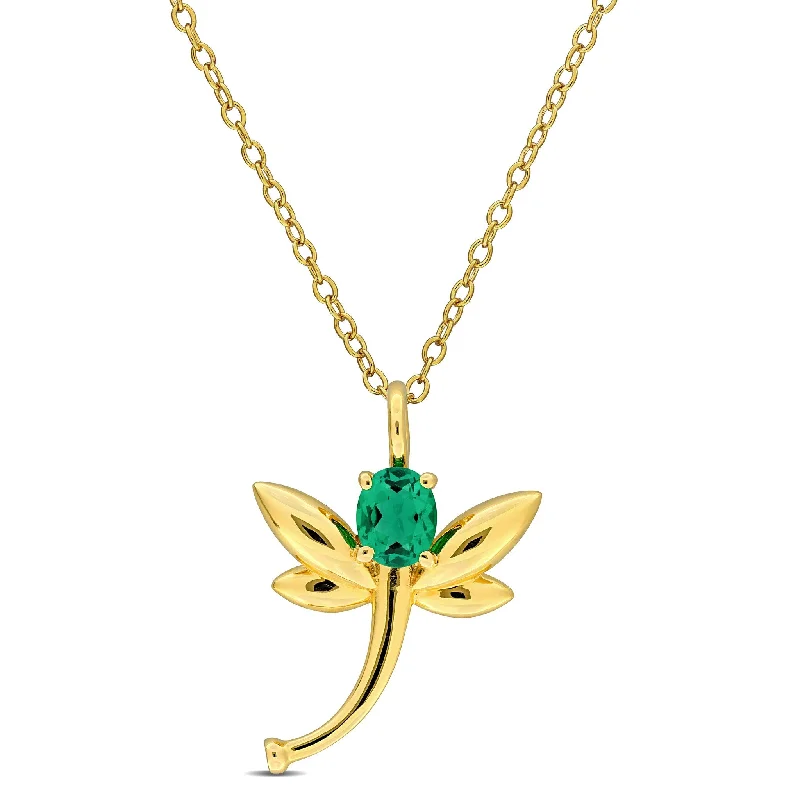 Nine-strand necklaces-Miadora 1/3ct TGW Created Emerald Diamond Accent Dragonfly Necklace Yellow Silver