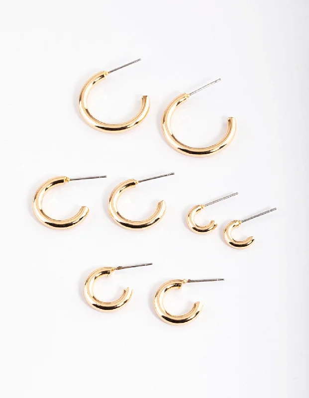 Coiled cord earrings-Gold Basic Round Hoop Earrings 4-Pack