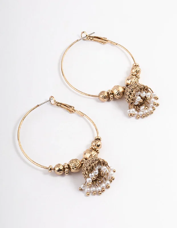 Reef knot earrings-Antique Gold Pearl Hoop Jhumka Earrings