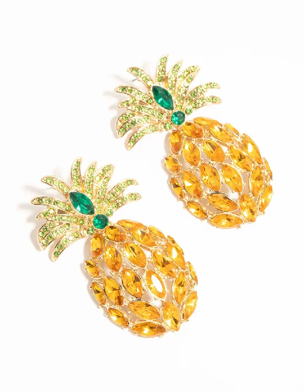 Rough texture earrings-Gold Diamante Pineapple Drop Earrings