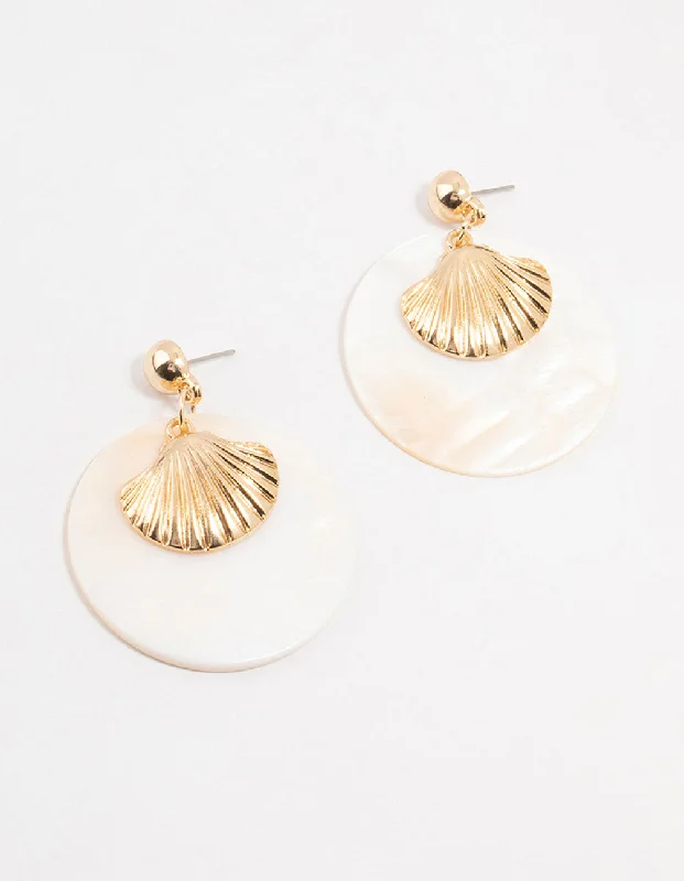 Aged bronze earrings-Cream Pearlised Disc & Gold Ribbed Shell Drop Earrings