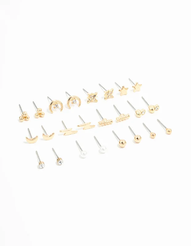 Woven cord earrings-Gold Moon & Star Stud Earrings 12-Pack