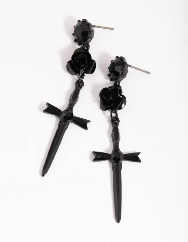 Thick tier earrings-Matte Black Rose & Sword Drop Earrings