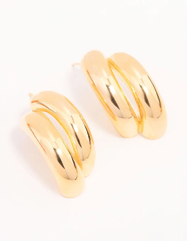 Worn medallion earrings-Gold Plated Double Curved Stud Earrings