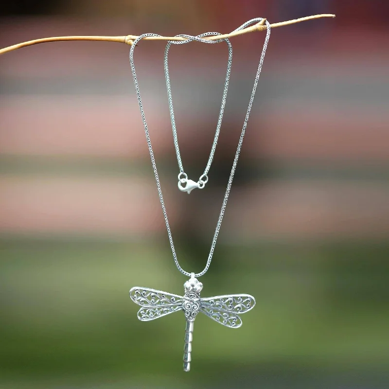 Drape-style necklaces-Handmade Sterling Silver Pendant Necklace, 'Lucky Dragonfly' (Indonesia) - 7'6" x 9'6"