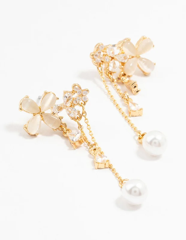 Swirl shape earrings-Gold Plated Flowers, Pearls & Pear Cubic Zirconia Drop Earrings