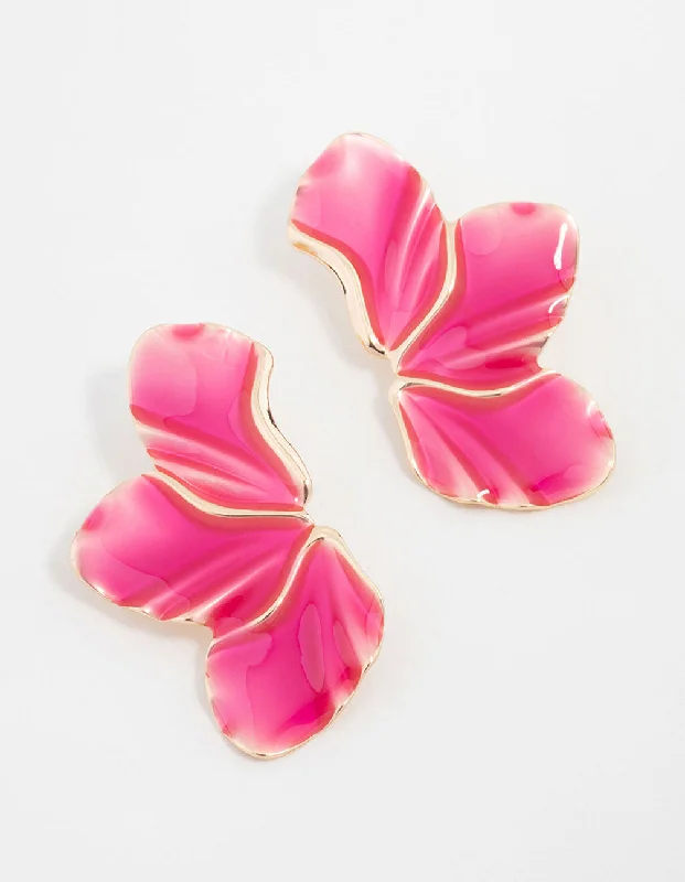 Thin threader earrings-Gold Pink Petal Stud Earrings