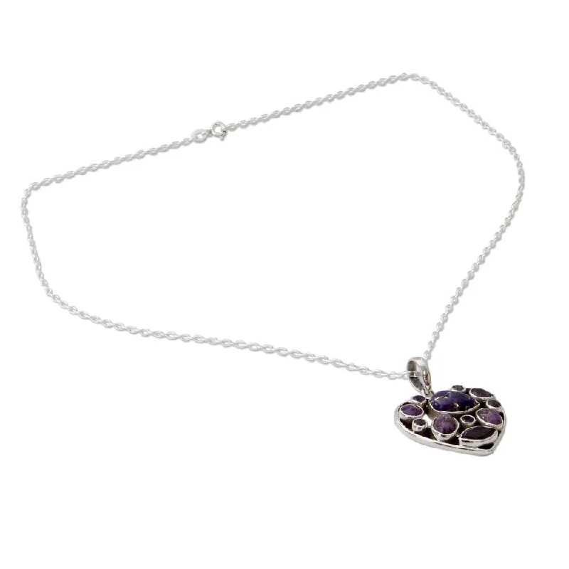 Nine-strand necklaces-Handmade Amethyst Pendant Necklace, 'Lilac Jaipuri Heart' (India) - 7'6" x 9'6"