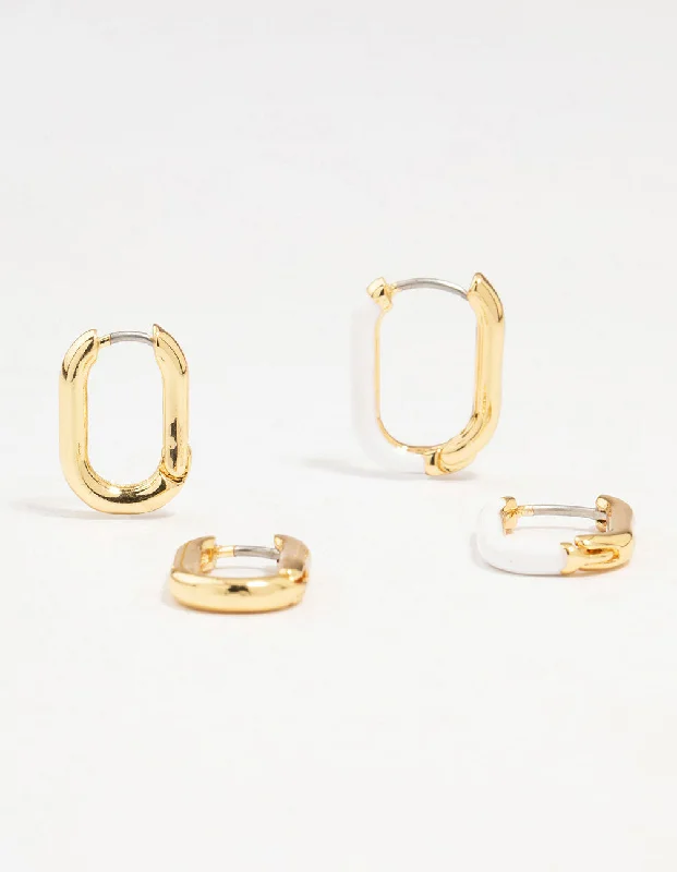 Pure crystal earrings-Gold Plated Enamel & Sleek Rectangular Hoop Earrings 2-Pack