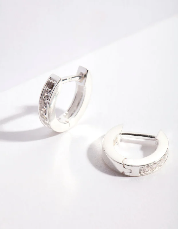 Thick hoop earrings-Sterling Silver Cubic Zirconia Huggie Earrings