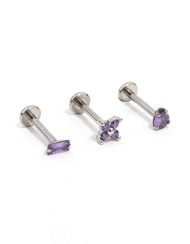 Bold cuff earrings-Surgical Steel Purple Marquise & Baguette Flat Back Earrings 3-Pack