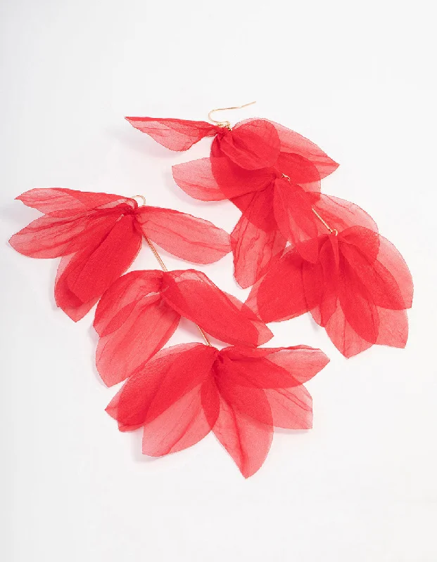 Bold cross earrings-Red Chiffon Fabric Petal Leaf Drop Earrings