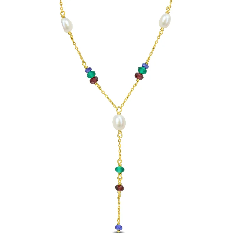 Topaz drop necklaces-Miadora 3 3/5ct TGW Blue Sapphire Garnet Green Onyx Cultured Freshwater Pearl Necklace in Yellow Silver-17+2in