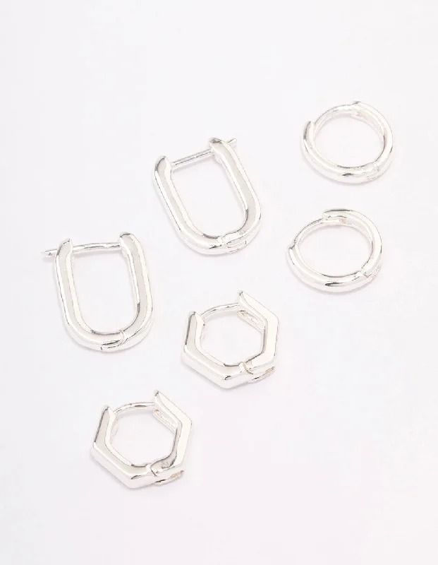 Bold cuff earrings-Silver Plated Brass  Hexagon Hoop Earrings Pack