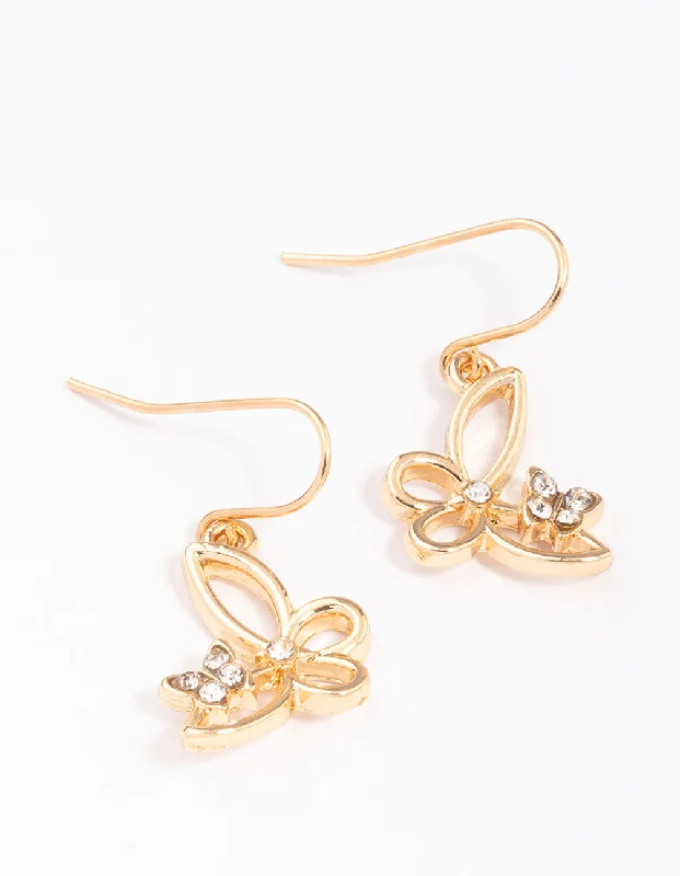 Reef knot earrings-Gold Diamante Cut Butterfly Drop Earrings