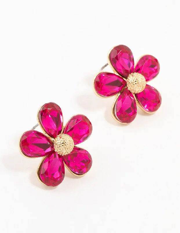 Topaz stud earrings-Hot Pink Gold Stapled Diamante Flower Stud Earrings