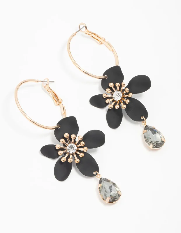 Pure gem earrings-Gold Hoop Black Flower Diamante Hoop Earrings