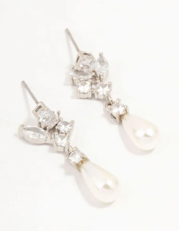 Ruby stone earrings-Silver Cubic Zirconia & Long Pearl Drop Earrings