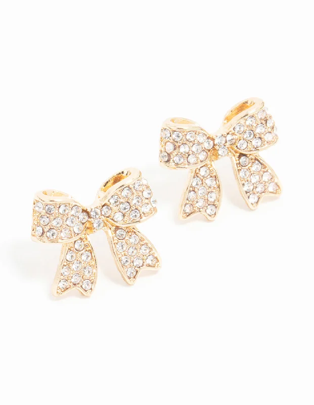 Half moon earrings-Gold Pave Set Diamante Bow Stud Earrings