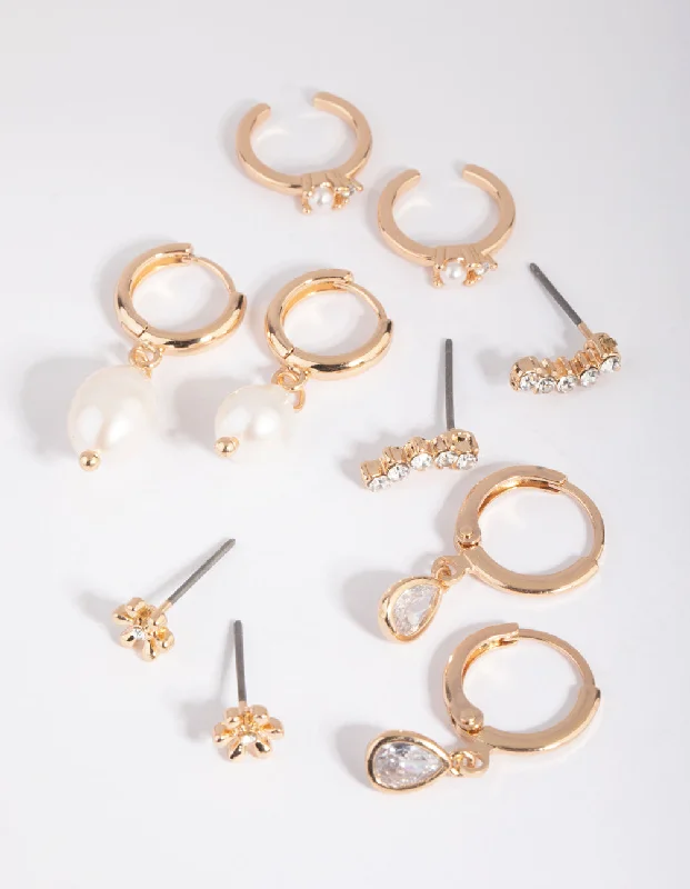 Rough texture earrings-Gold Diamante & Freshwater Pearl Huggie Hoop Earring Stack Pack