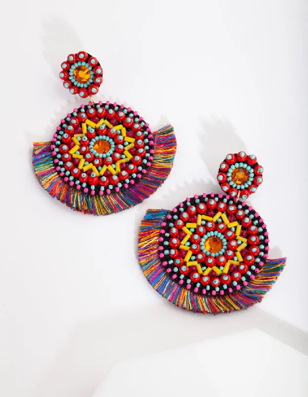 Tiny dot earrings-Fabric Bright Disc Tassel Earrings