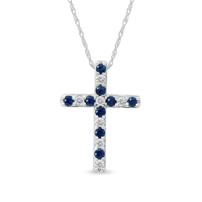 Spring clasp necklaces-Blue Sapphire Gemstone 1/5ct TDW Diamond Cross Pendant Necklace in 10k White Gold