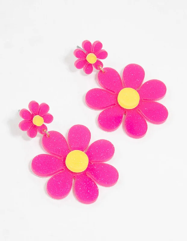 Bamboo style earrings-Pink Acrylic Flower Drop Earrings