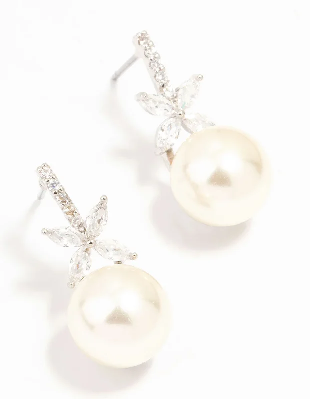 Textured disc earrings-Silver Star Cubic Zirconia & Pearl Drop Earrings