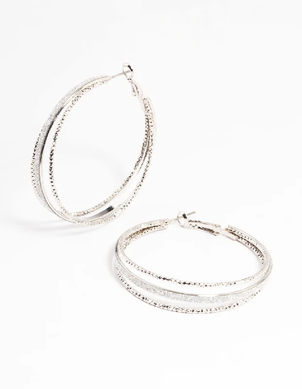 Vibrant enamel earrings-Silver Textured Split Glitter Hoop Earrings