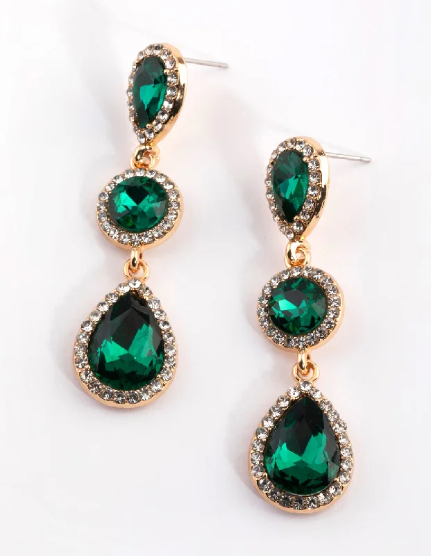 Trekker feather earrings-Green Diamante Circle & Teardrop Earrings