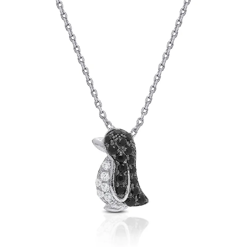 Smooth pendant necklaces-Dolce Giavonna Sterling Silver Black and White Cubic Zirconia Penguin Necklace