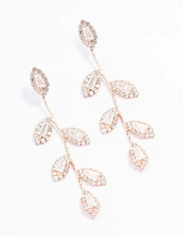 Pure gem earrings-Rose Gold Diamante Leaf Drop Earrings