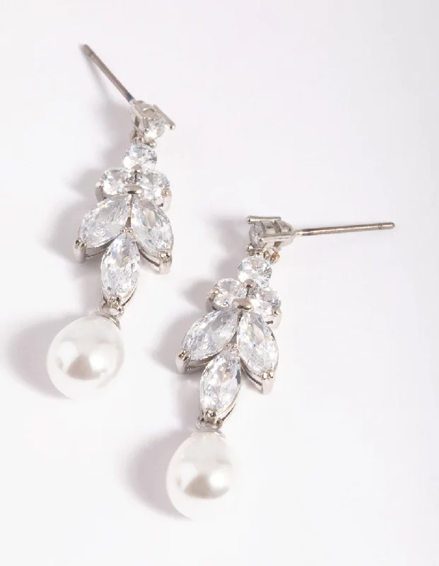 Light clay earrings-Silver Diamond Simulant Marquise Pearl Drop Earrings