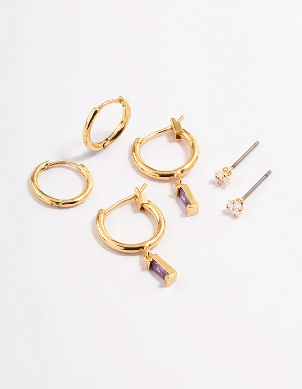 Trekker braid earrings-Gold Plated Brass Cubic Zirconia Amethyst Cut Huggie Earrings 6-Pack