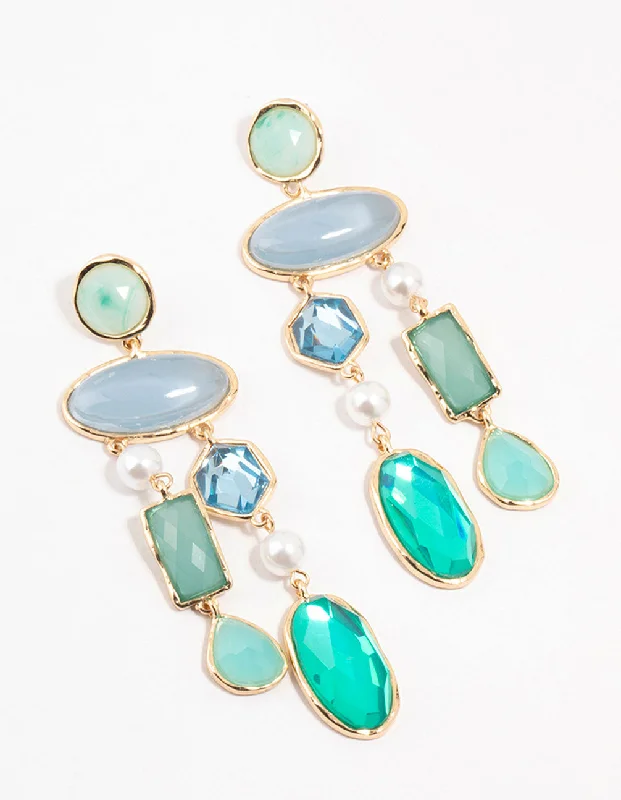 Flat badge earrings-Large Multirow Blue Stones Drop Earrings