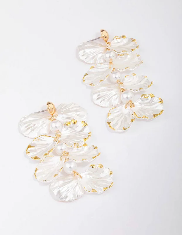 Crystal-twisted earrings-Gold Pearlised Petal Drop Earrings