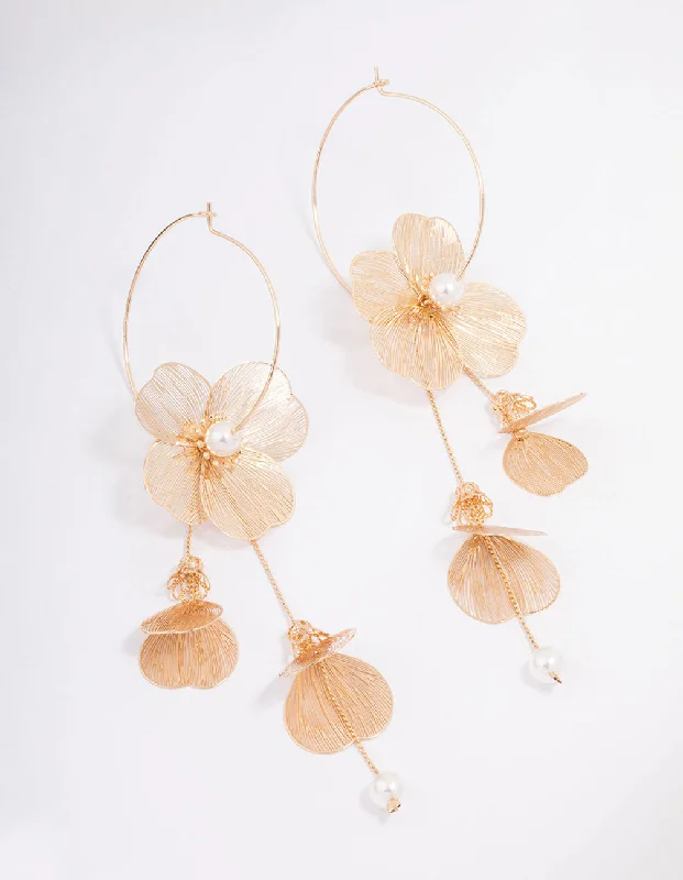 Smooth drop earrings-Gold Textured Petal Pearl Drop Earrings