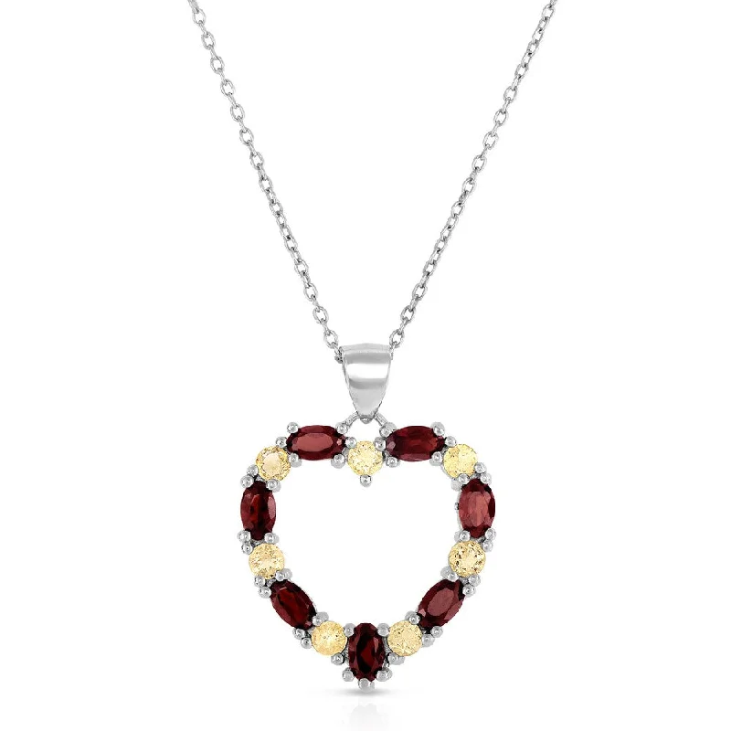 Retro deco necklaces-Dolce Giavonna Sterling Silver Garnet and Citrine Heart Necklace