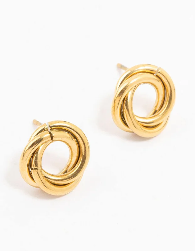 Pure crystal earrings-Waterproof Gold Plated Stainless Steel Knotted Doughnut Stud Earrings