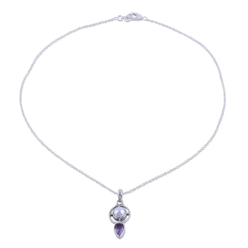 Rope braid necklaces-NOVICA Wheel of Wonder, Amethyst and cultured pearl pendant necklace