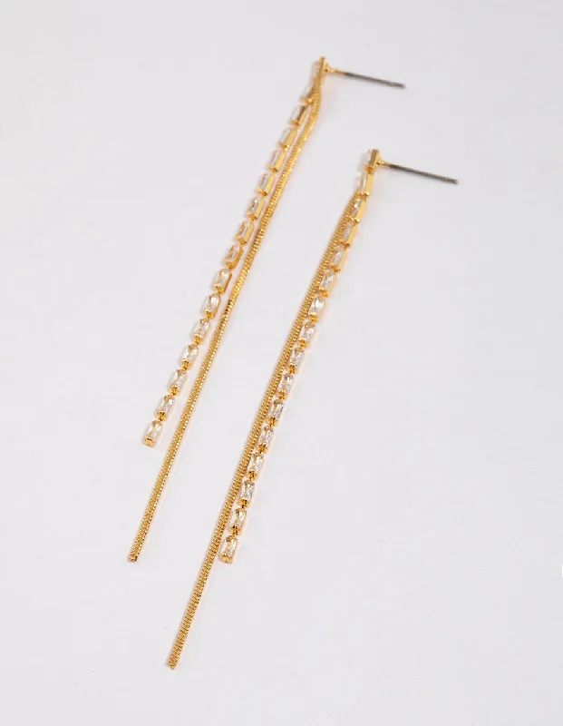 Cotton cord earrings-Gold Plated Cubic Zirconia Dainty Chain Drop Earrings