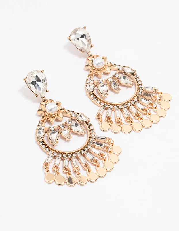 Tiny wing earrings-Antique Gold Multi Diamante Stone Drop Earrings