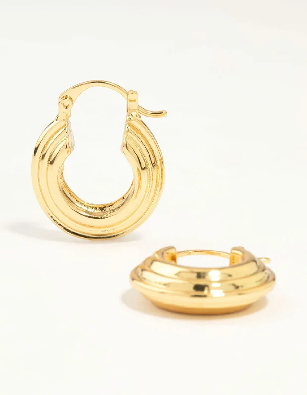 Dove feather earrings-Gold Plated Wide Step Textured Hoop Earrings