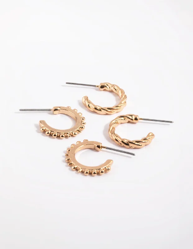 Thick hoop earrings-Gold Textured Huggie Hoop Earring Pack