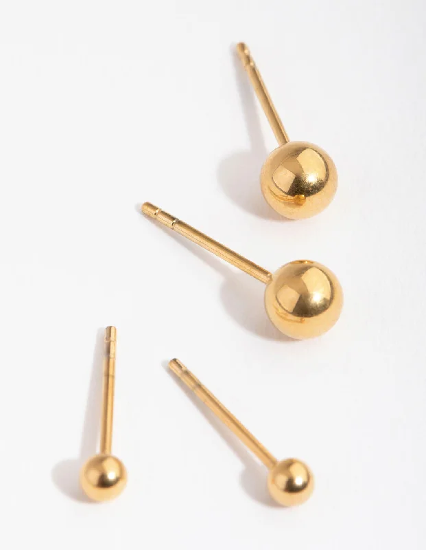 Thin hoop earrings-24 Carat Gold Plated Surgical Steel Graduated Ball Stud Earrings